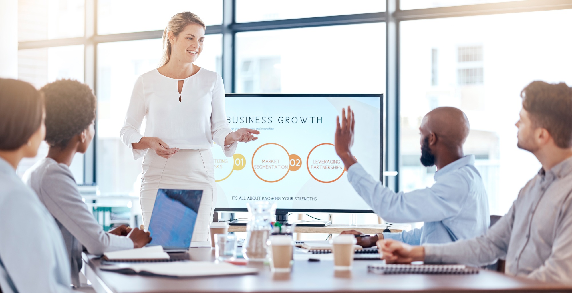 Woman, presentation board and black man with question for business growth, development or team disc